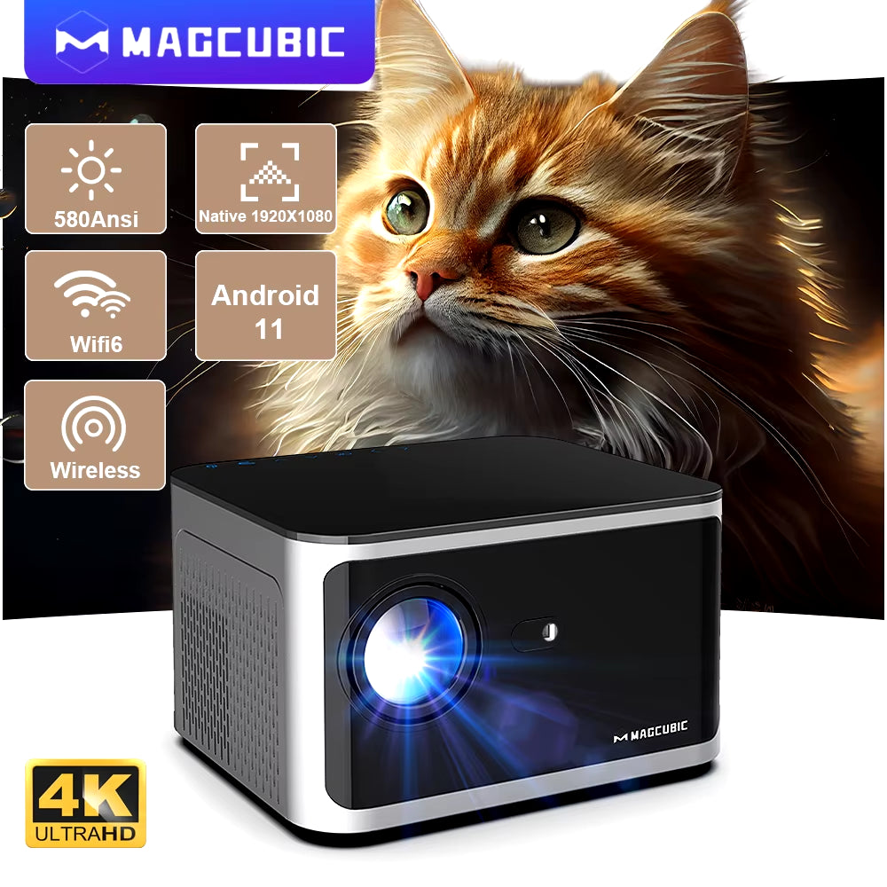 Android 11 4K Smart Projector with 580 ANSI Lumens, 1920x1080P Full HD, Wifi 6, Bluetooth 5.0, Allwinner H713, Voice Control for Home Cinema Theater
